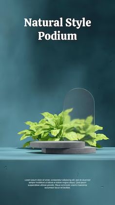 an advertisement for the natural style podium plant in front of a blue background with green leaves