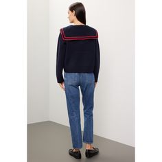 Off-white knit (Main fabric: 100% wool / Rib: 100% wool / Collar: 100% wool). Sweater. Long sleeves. Collar. Pull on. 21" from shoulder to hemline. Imported. Chic Wool Sweater With Ribbed Collar, Navy Cashmere Sweater For Work, Navy Cotton Sweater For Work, Navy Wool Tops For Fall, Fitted Top With Contrast Collar For Fall, Merino Wool Crew Neck Outerwear, Navy Sweater With Ribbed Collar For Fall, Navy Ribbed Collar Sweater For Fall, Fine Knit Winter Outerwear For Work