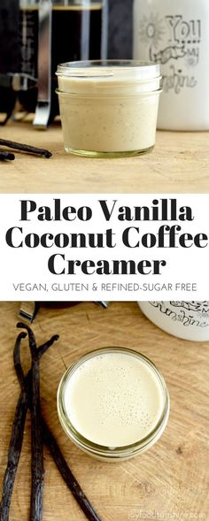 homemade vanilla coconut coffee creamer recipe on a wooden table with vanilla sticks and cinnamons