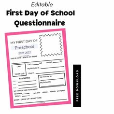 the first day of school question paper is shown in black and white with pink border