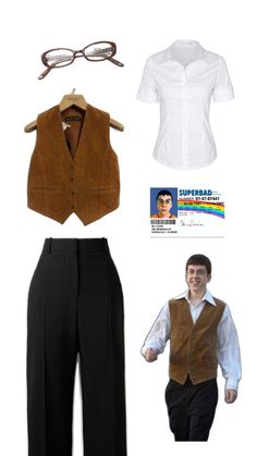 men's clothing and accessories including glasses, shirt, vest, pants, tie