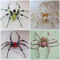 four different types of spider brooches with pearls and beads on their backs, all in various colors