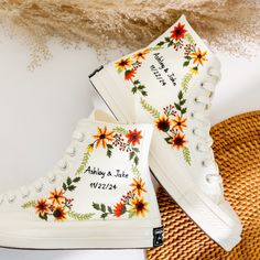 '' Custom Embroidered Wedding Converse, Name and Date, Wedding Sunflower Embroidered Converse, Anniversary day Embroidery , Boho Wedding Gifts, Wedding Converse, Wedding Gifts'' 🍀 Price includes Converse Shoes and Floral Embroidery Designs as shown 🍀 🍀 Shoe Type: Converse 1970s 🍀 Shoe color: 2. Invory_1970s 1. DETAILS 🍀 You can send me your Converse, Vans, canvas shoes or I can buy them for you. Custom-ordered embroidered Vans and Converse shoes, please wait another 2-4 days. Each pair is hand embroidered to order, please make sure you put in the correct shoe size before you check out. The embroidery is meticulous and does not fade. 🍀 You will receive Vans and Converse shoes with floral embroidery designs as above. 2. PERSONAL EXPRESSION 🍀 Create your unique vibe by your own design Vans Canvas Shoes, Floral Embroidery Designs, Embroidered Vans, 1970s Shoes, Converse Wedding, Converse 1970s, Boho Wedding Gifts, Embroidery Boho, Embroidered Converse