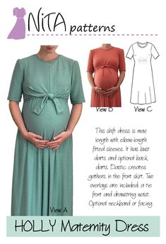 the front and back of a pregnant woman's dress, with text describing how to wear it