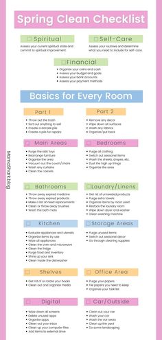 the spring clean checklist for every room is shown in pink, blue and yellow