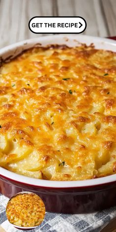 a casserole dish with cheese on top and the words get the recipe above it