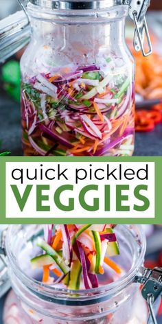 pickled veggies in a glass jar with the title overlay reads quick pickled veggies