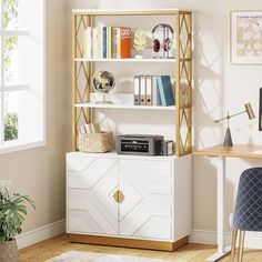 a room with a desk, bookshelf and computer