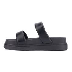 Experience comfort and style with our versatile PTO platform sandal, featuring a padded double strap design that makes every step a delight. Perfect for any summer occasion, this sandal seamlessly transitions from beach outings to boardwalk strolls. The chic square toe silhouette adds a modern touch, while the easy slip on style ensures effortless wear. Whether you're enjoying a day in the sun or heading out for a casual evening, this sandal is your go to choice for laid back elegance and all da Black Platform Slide Footbed Sandals, Synthetic Double Strap Wedge Sandals, Black Double Strap Slides For Summer, Black Double Strap Footbed Sandals For Spring, Black Synthetic Double Strap Footbed Sandals, Beach Double Strap Platform Slides, Synthetic Double Strap Platform Slides, Black Double Strap Wedge Sandals For Spring, Black Double Strap Synthetic Wedge Sandals