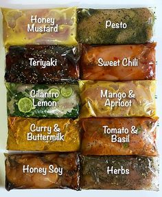 an assortment of different foods wrapped in plastic wrappers on a white surface with the words honey mustard, teriyaki, sweet lemon, curry, mango & aprico