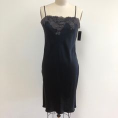 Nwt Josie Natori B48204 Black Silk Charmeuse Chemise With Chocolate Lace Trim, Bias Cut, Slits At Sides, Adjustable Straps, Gorgeous! Never Worn, Perfect Condition Elegant Lace Trim Sleepwear For Date Night, Elegant Fitted Sleepwear For Date Night, Elegant Camisole Sleepwear For Date Night, Slip Dress Y2k, Long Silk Nightgown, Chemise Dress, Silk Chemise, Josie Natori, Long Slip