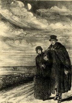 an old drawing of two men standing next to each other in front of a cloudy sky