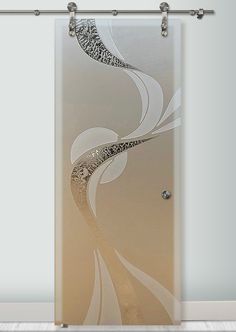 a glass door with an abstract design on the front and side panels in gold, white and silver