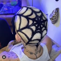 Cool Shaved Head Designs, Painted Shaved Head, Spider Web Buzzcut, Spiderweb Buzzcut, Buzzcut Dyed Hair Men, Hair Designs Shaved, Buzzed Hair Designs, Bald Designs, Dyed Shaved Head