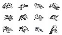 the different sea animals are drawn in black and white, with one turtle sitting on top of