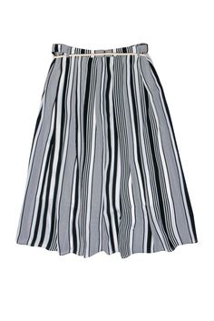 Go totally nautical with this skirt from Vince Camuto! A chic striped design and coastal-inspired rope-style belt make this flowing beauty perfect for your next summer excursion on the east coast. Pair with a ruffled blouse and wedges and get ready to rock some serious seaside style! Size M 100% Polyester Concealed back zipper Lined Striped design Included tie rope belt Waist 32" Total length 32" Chic Striped Summer Skirt, Chic Summer Skirt With Striped Hem, Chic Striped Hem Skirt For Summer, Chic Summer Skirt With Vertical Stripes, Black Skirt With Vertical Stripes For Summer, Spring Beach Striped Skirt, Striped Skirt For Spring Vacation, Chic Knee-length Beach Bottoms, Chic Striped Skirt For Vacation