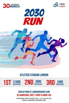 an event poster for the london marathon, featuring runners in silhouettes and running across water