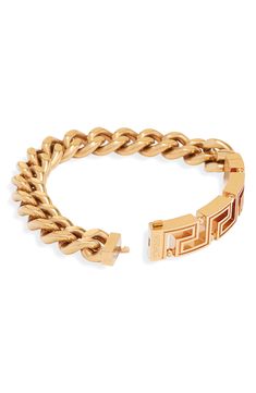 Chunky curb chain and cutout Greca links embolden this gleaming bracelet that exudes signature Versace opulence. Push-clasp closure Goldtone plate Made in Italy Luxury Tarnish-resistant Bracelets With Rectangular Links, Luxury Tarnish-resistant Link Bracelet, Luxury Cuban Link Metal Bracelet For Formal Occasions, Luxury Curb Chain Link Bracelets, Luxury Engraved Link Chain Bracelet, Luxury Metal Cuban Link Bracelet, Luxury Chain Bracelet With Cuban Link Solid Construction, Luxury Cuban Link Chain Bracelet With Solid Links, Luxury Curb Chain Cuban Link Bracelet