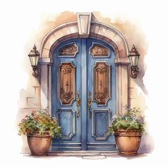 a watercolor painting of two potted plants in front of a blue door with lights