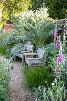 two wooden benches sitting next to each other in a garden filled with lots of flowers