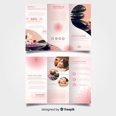 a pink tri fold brochure with flowers and spa stones on the front, and an image of a woman's face