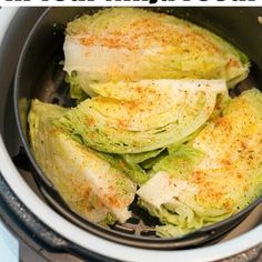 an open air fryer filled with food and the words amazing cabbage in your ninja food