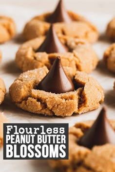 peanut butter blossoms with chocolate on top and the words flourless, peanut butter blossoms