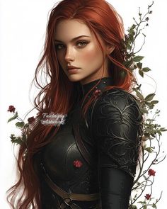 a woman with red hair and armor standing in front of some flowers on a white background