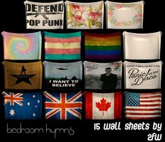 there are many different flags and pillows on the wall in front of this advertisement for bed room humps