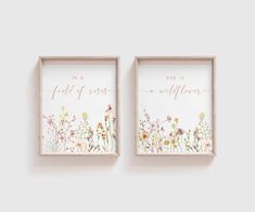 two framed art pieces with flowers and the words, she's a field of wildflowers