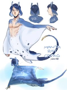 a drawing of a manta ray with different poses and expressions on his body, head, and chest