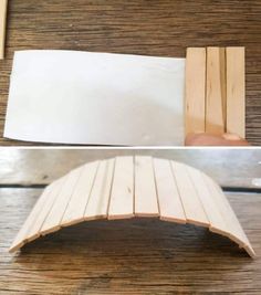 two pictures showing how to make a diy wooden bridge with popsticks and glue