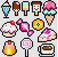 an image of pixel art with different types of food and drinks on it's side