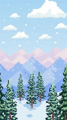 a pixelated landscape with trees and mountains in the background, as well as snow on the ground