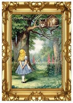 a painting of a girl and a cat in the woods