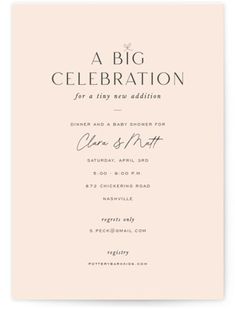 a big celebration for a tiny new addition is shown on the front of this wedding card