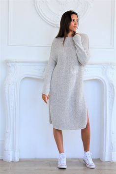 Oversized knit dress features open/round neckline, side splits, thumb holes and relaxed fit . Ultralight but extra warm. Made of 78% Peruvian Alpaca/merino wool blend. Color is Pearl grey. Length for size Small is 38 inches / 97 cm , measured from the top of the shoulder down.  If you are tall or petite please let us k Peruvian Alpaca, Wool Knitted Dress, Sweater Dress Oversized, Sweater Dress Outfit, Mommy Makeover, Alpaca Sweater, Knit Alpaca, Legging Outfits, Sweater Dresses