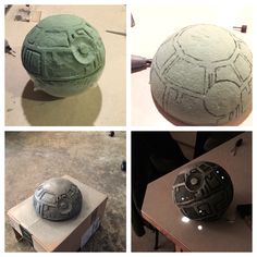 four different pictures of some kind of ball on a table and in the process of being made