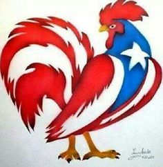 a red, white and blue rooster with stars on it's head is shown