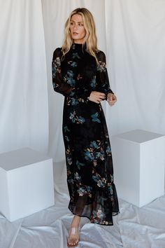 Luciana Maxi Dress | Black + Blue Wedding Guest Dresses Long, Print Butterfly, Baltic Born, Velvet Maxi Dress, Tiered Maxi Skirt, Floral Print Chiffon, Maxi Dress Black, Chiffon Material, Satin Maxi