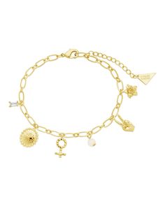 We've got a grown-up update to your favorite childhood charm bracelet! This fun bracelet features a variety of feminine, eye-catching charms and is adjustable to ensure it fits perfectly. Available in gold and silver tones. Materials: 14K gold or rhodium plated brass, cubic zirconia, synthetic stone Features: Measures 6.5" with 1" extender, 0.2"-0.5" charms, Lead & Nickel free, lobster clasp Quirky Bracelets, Fun Bracelet, Gold Charm Bracelet, Bootie Sandals, Stone Feature, Bracelet Online, Baby Boy Shoes, Small Accessories