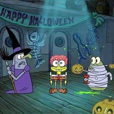 cartoon characters dressed up in halloween costumes with pumpkins and skeletons behind them, on a wooden floor