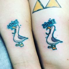 two tattoos on the legs of people that have ducks and water written on them with words