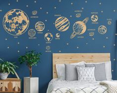 an image of a bedroom with planets on the wall