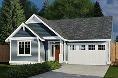 this is an artist's rendering of a small house in the country style with two garages