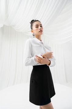 Alma Puffy Sleeves Top MEAN BLVD Chic White Blouse With Bow Detail, Elegant Workwear Blouse With Peter Pan Collar, Chic White Blouse With Bow, White Bow Blouse For Party, White Long Sleeve Blouse With Bow, Elegant Doll Collar Blouse For Workwear, White Office Lady Blouse For Party, White Bow Blouse For Workwear, White Bow Blouse For Work