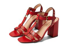 COACH Margaret Leather Sandal - Women's Shoes : Sports Red : Please Note: COACH items cannot be shipped to military addresses (APO or FPO) and addresses in Hawaii, the Virgin Islands, Guam or any other locations outside of the continental US. Step up the look of any outfit with the COACH Margaret Leather Sandals. Straps on top of foot and around ankles. T-strap design with branded hardware. Buckle closure on ankle strap. Open toe design. Round toe silhouette. Covered block heels. Leather uppers, Coach Jaci Sandals, The Virgin Islands, Block Sandals, Shoes World, Red Sandals, Leather Sandals Women, Virgin Islands, Leather Ballet Flats, Strap Design