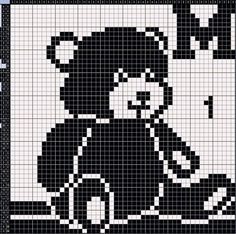 a black and white cross stitch pattern with a teddy bear