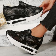 Material:FabricClosure:Slip-onToe Style:Plain toePatterned:FlowersEmbellishment Feature:EmbroideredShoe height:Low topAll-season:SpringItem ID:NC40913 Black Platform Wedge Sneakers For Spring, Black Slip-on Casual Wedge Sneakers, Casual Black Slip-on Wedge Sneakers, Spring Synthetic Slip-on Wedge Sneakers, Casual Slip-on Wedge Sneakers For Spring, Black Spring Wedge Sneakers With Round Toe, Black Synthetic Wedge Sneakers For Spring, Embroidered Shoes, Mesh Sneakers