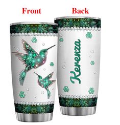 two personalized tumblers with hummingbirds on them